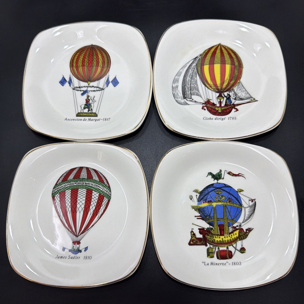 Vintage Crown Staffordshire England Hot Air Balloon Plates Set of 4 Square
